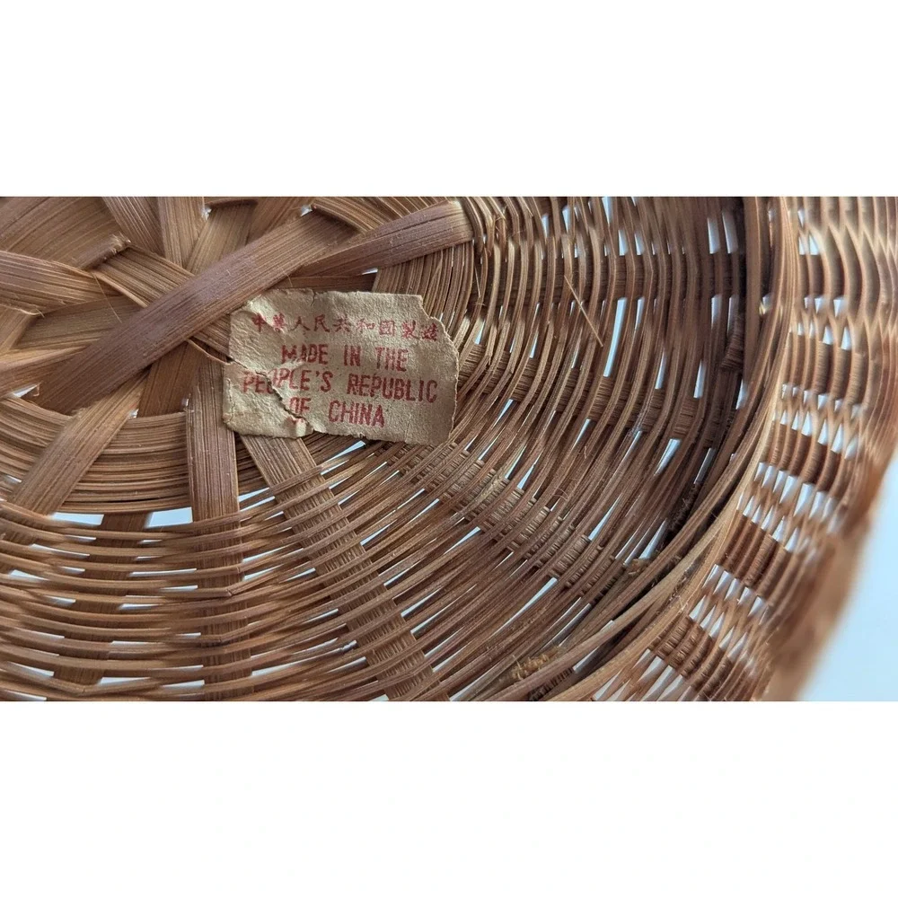 Vintage Woven Bamboo Oval Basket Bowl Lattice Weave Natural Brown China 8.5in